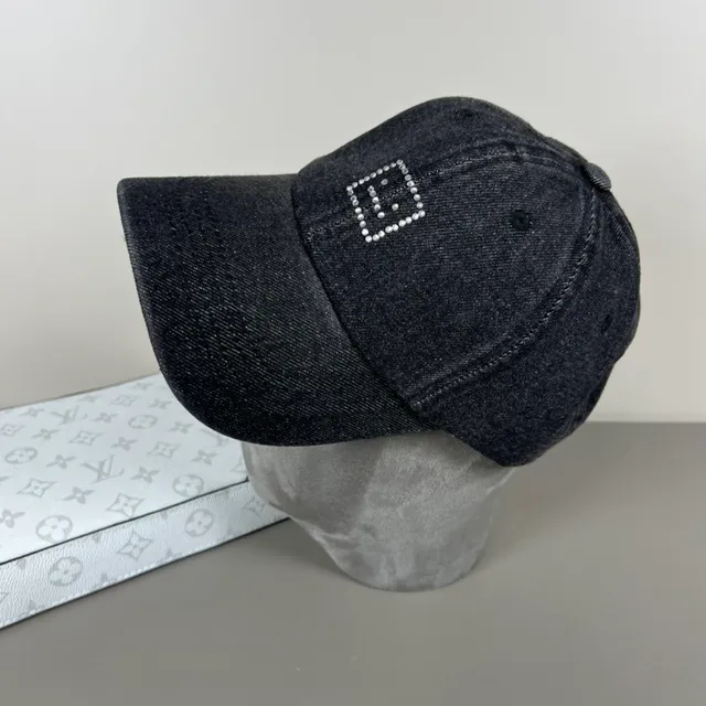 Black Silver Denim Construction Rhinestone-Embellished Square Logo Baseball Cap 9