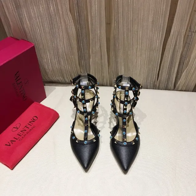 Black Studded T-Strap Multi-Band Pointed Toe Stilettos 4
