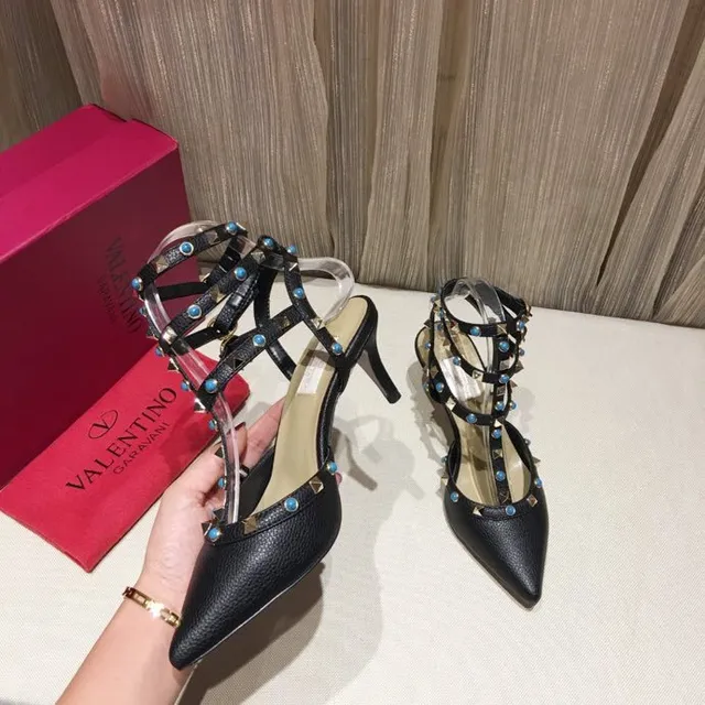 Black Studded T-Strap Multi-Band Pointed Toe Stilettos 5