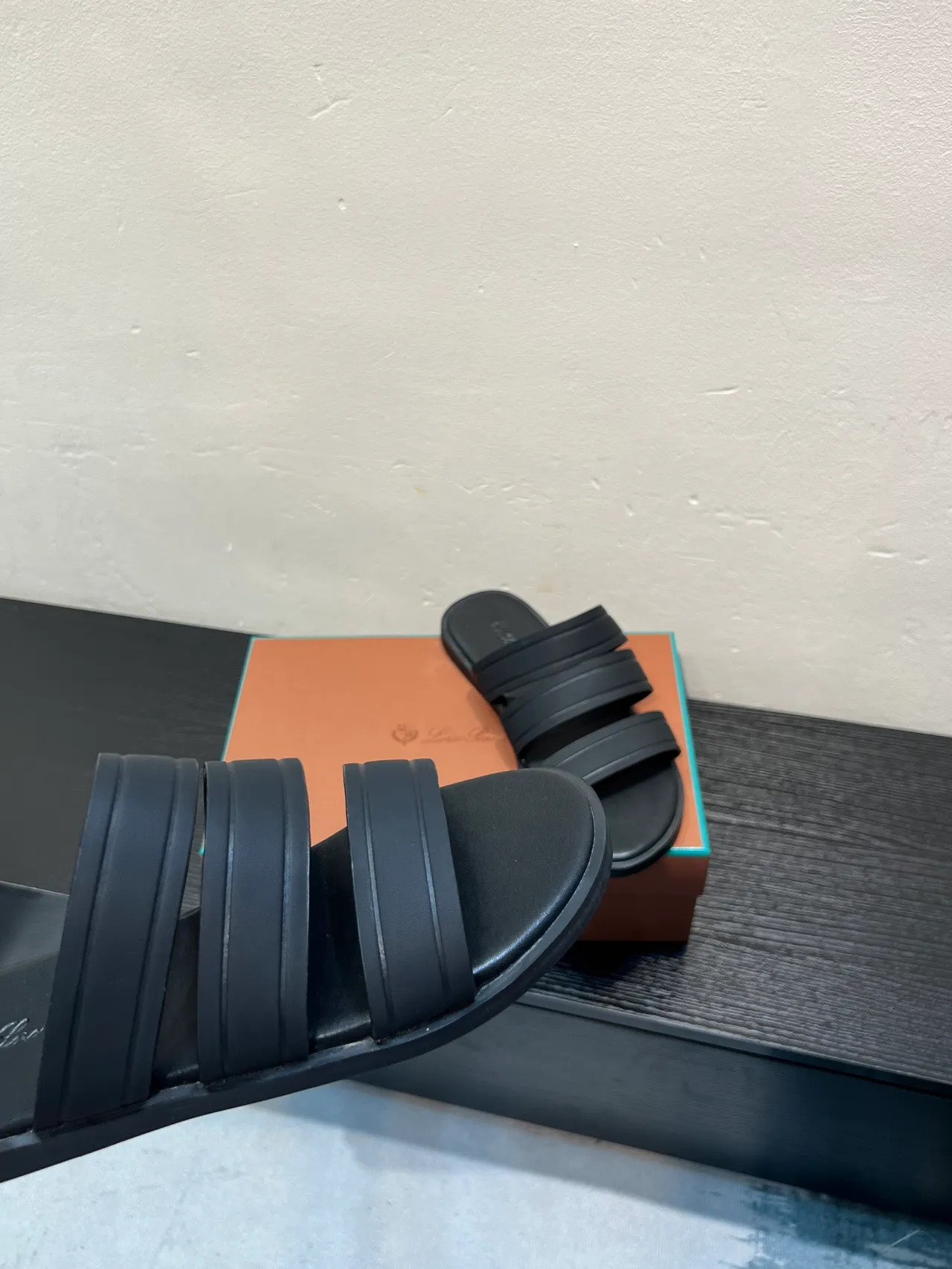 Black Three-Strap Slide Slippers 8