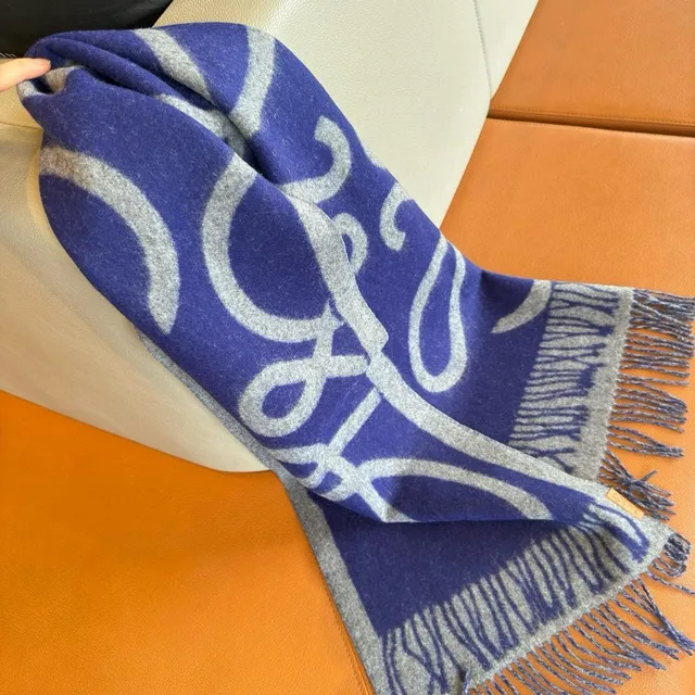 Blue and Gray Striped Fringed Cashmere Scarf 4