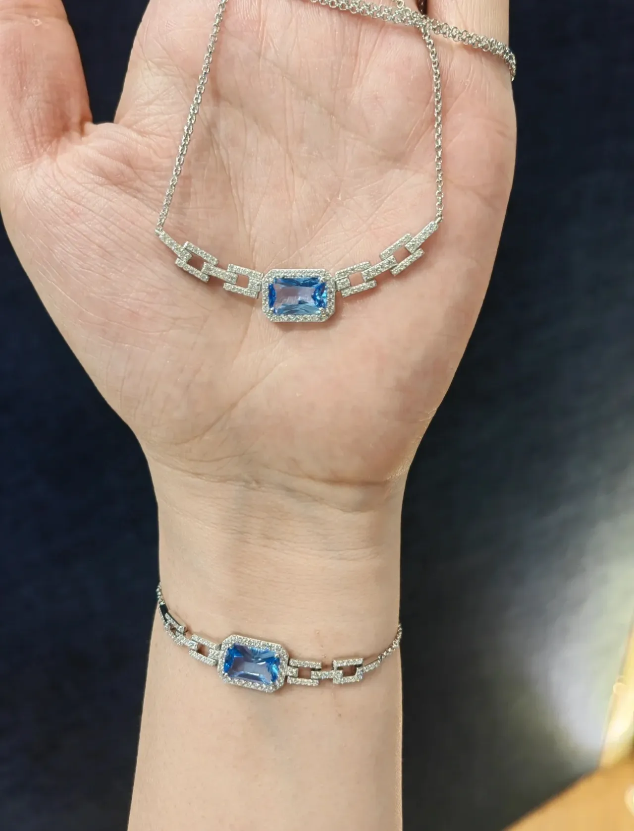 Blue Rectangular Gemstone Pavé Link Necklace 2