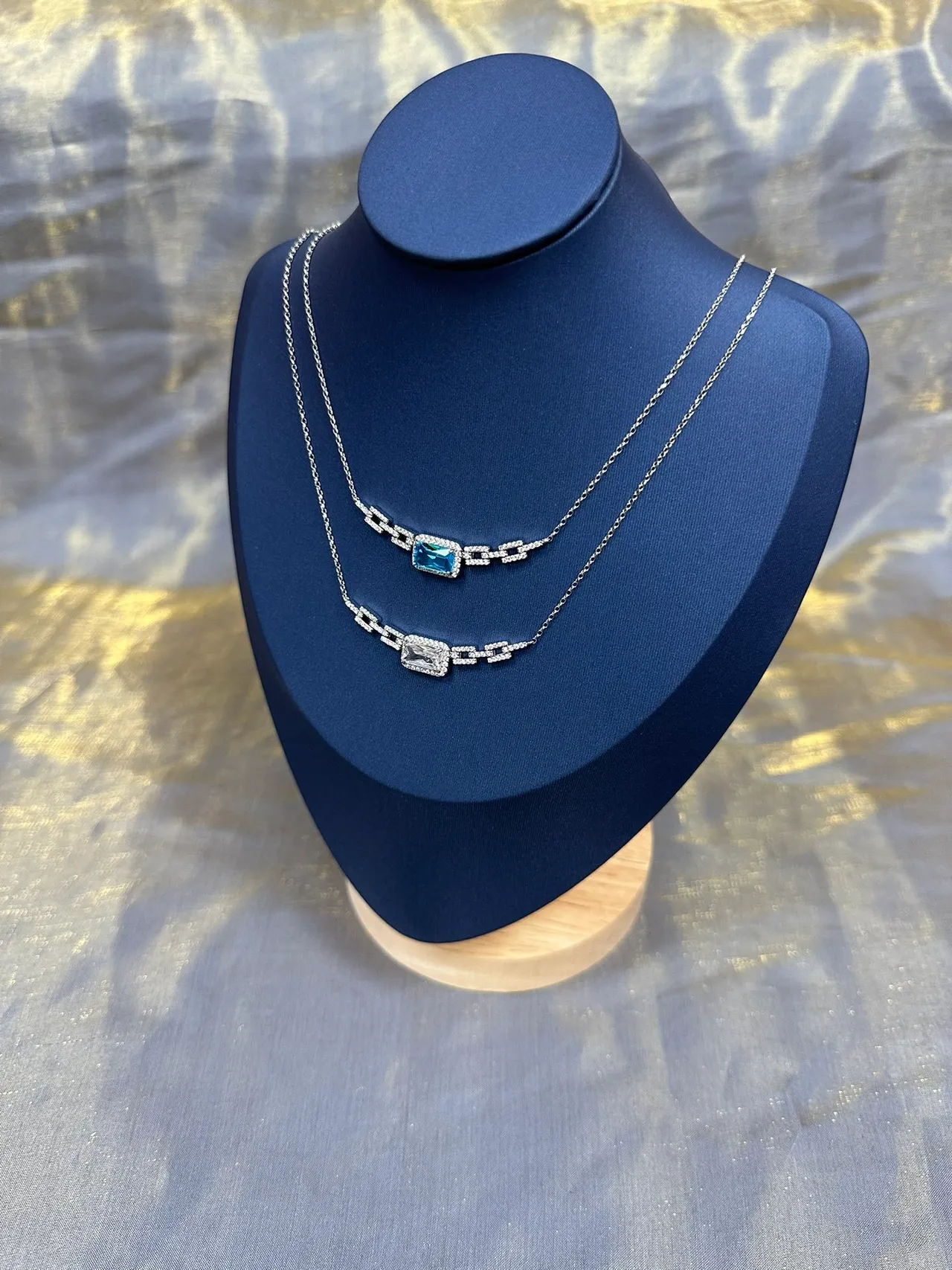 Blue Rectangular Gemstone Pavé Link Necklace 9