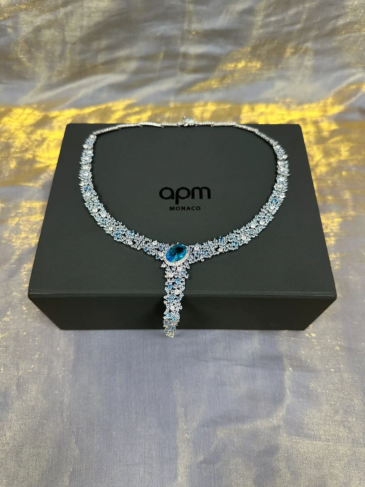 Blue Silver Pavé-Set Collar Oval Gem Focal Necklace 5