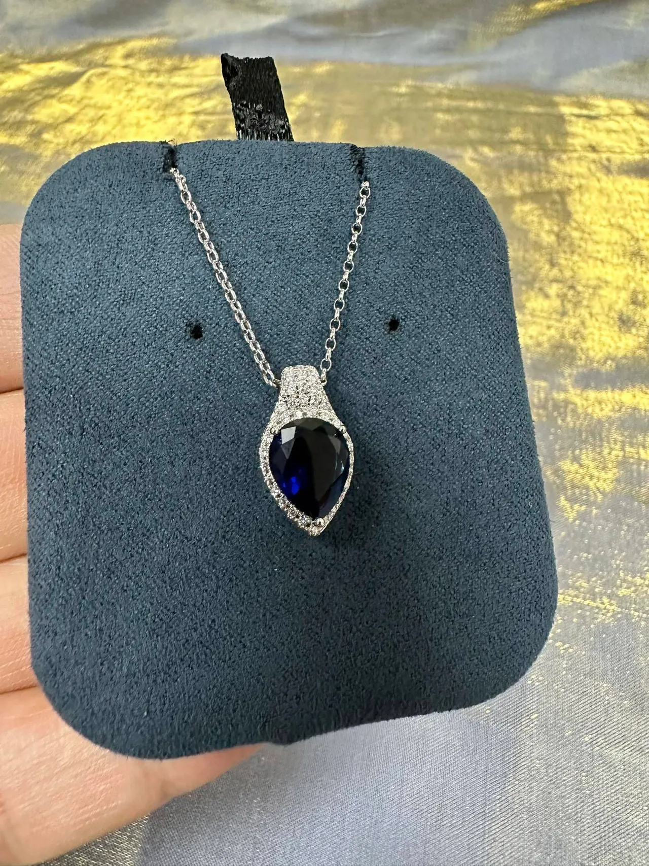 Blue Silver Teardrop Pendant Pavé-Set Halo Necklace 7