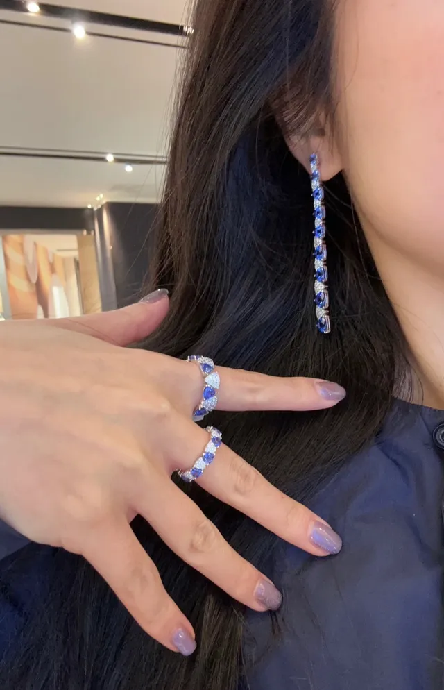 Blue Teardrop Gemstone and Pavé Accent Linear Dangle Earrings 3