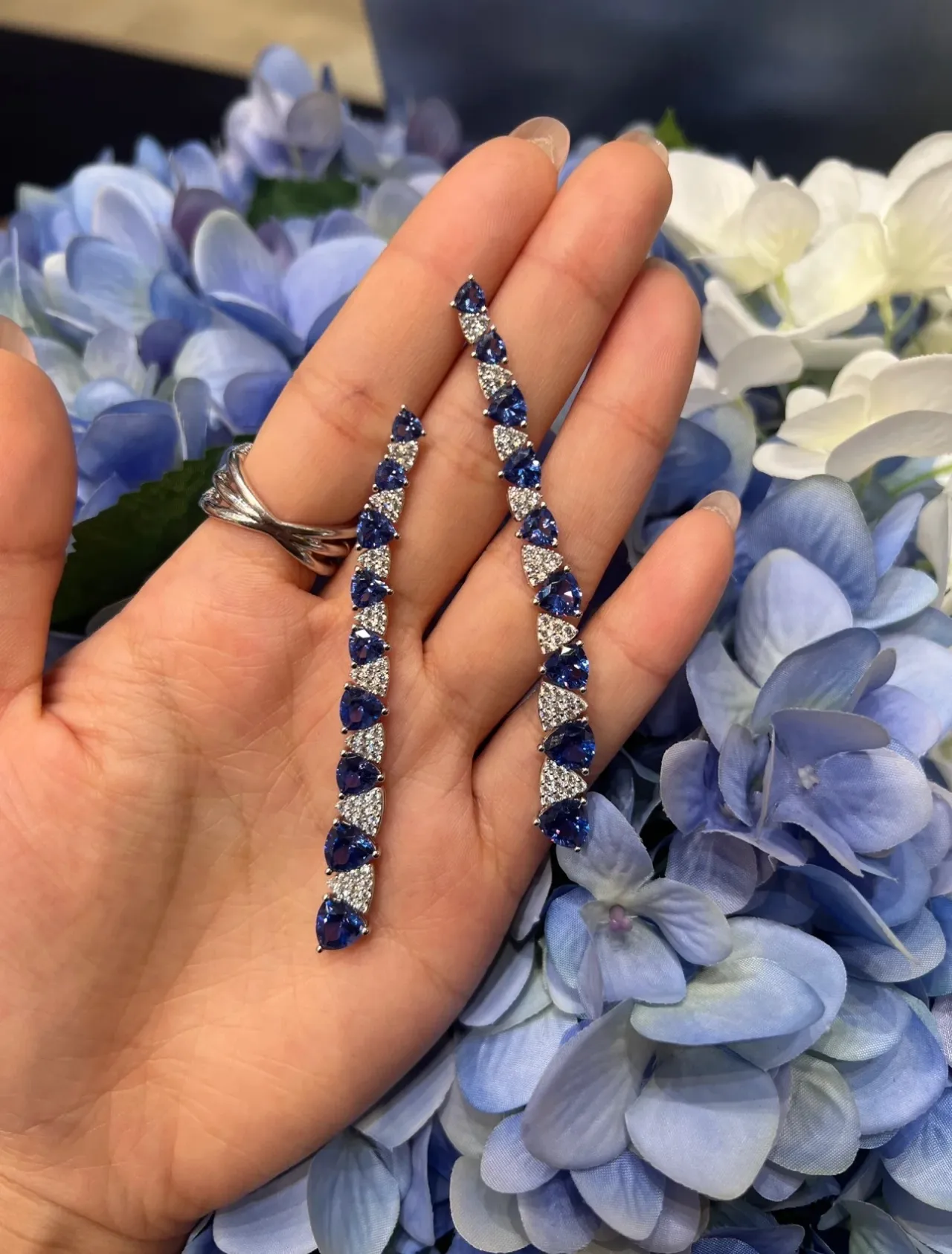 Blue Teardrop Gemstone and Pavé Accent Linear Dangle Earrings 5