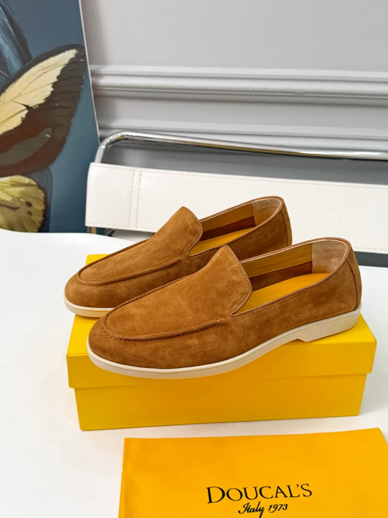 Brown Beige Suede Upper Moc-Toe Stitching Loafer 4