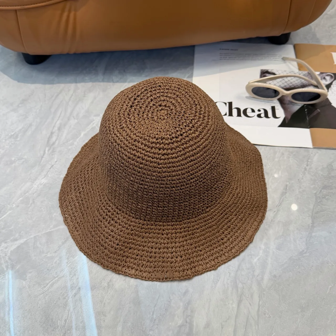 Brown Black Crocheted Wide-Brimmed Bucket Hat 8
