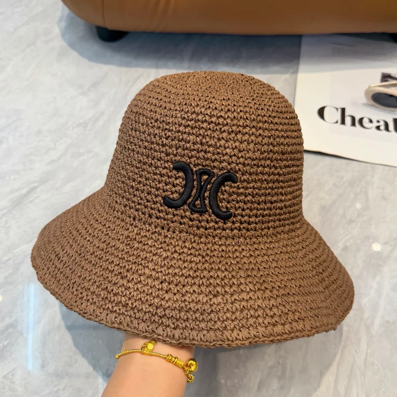 Brown Black Crocheted Wide-Brimmed Bucket Hat 9