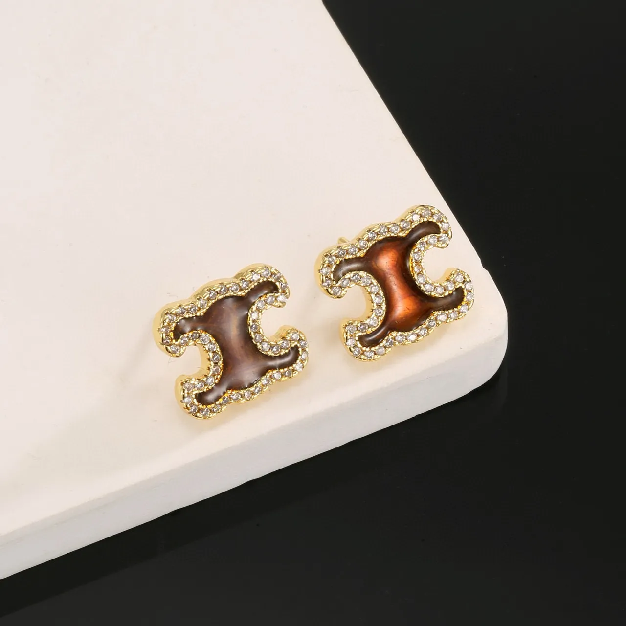 Brown Enamel C-Shaped Pavé Stud Earrings 6