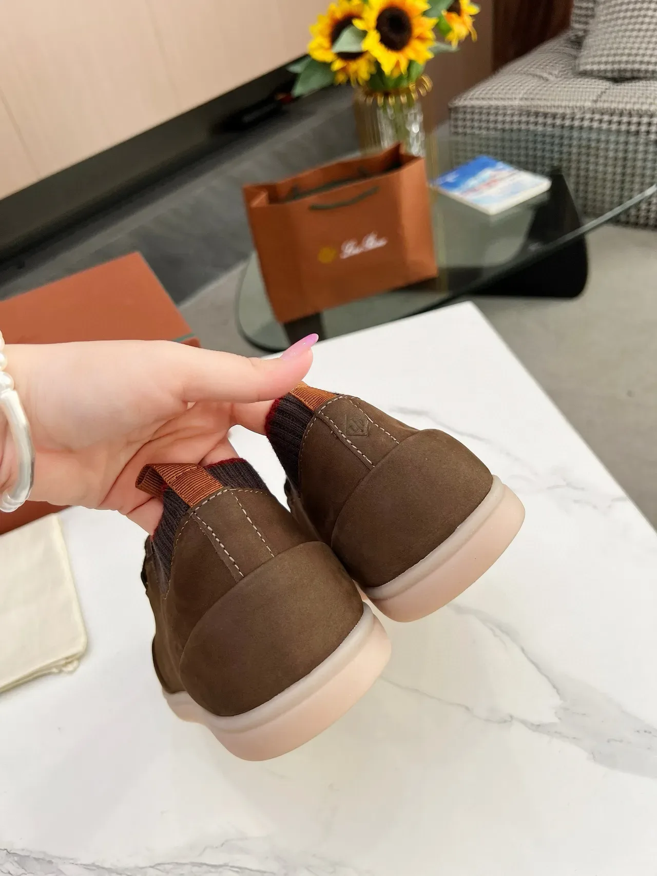 Brown Suede Knit-Collar Low-Top Lifestyle Sneakers 7