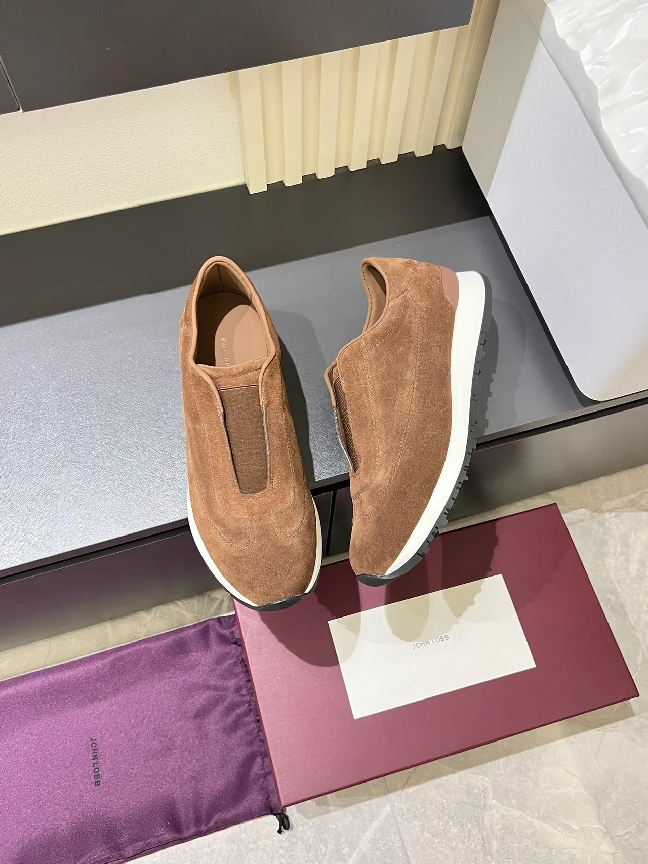 Brown White Suede Upper Slip-On Construction Sneakers 4