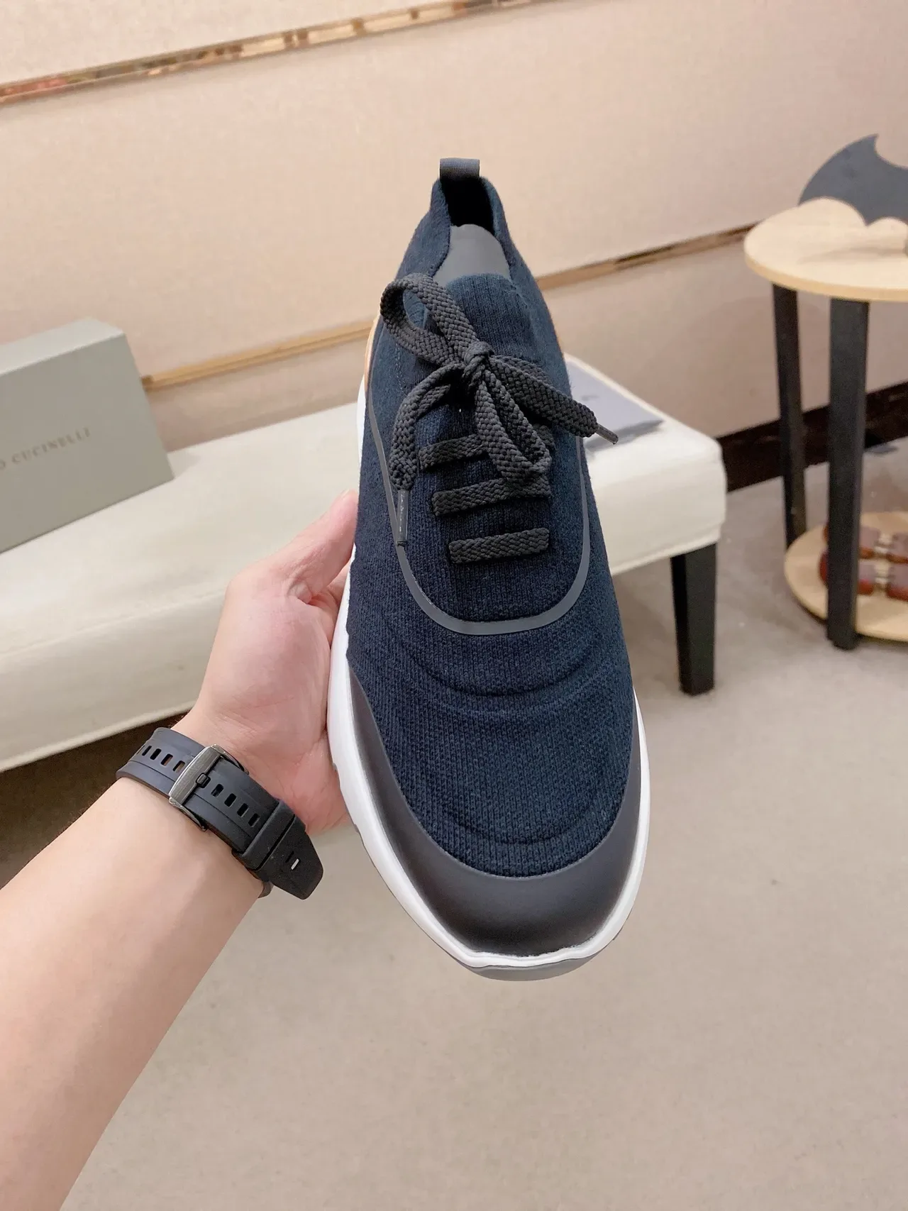 Brunello Cucinelli Navy White Knit Upper Contrast Toe Cap Sneakers 6