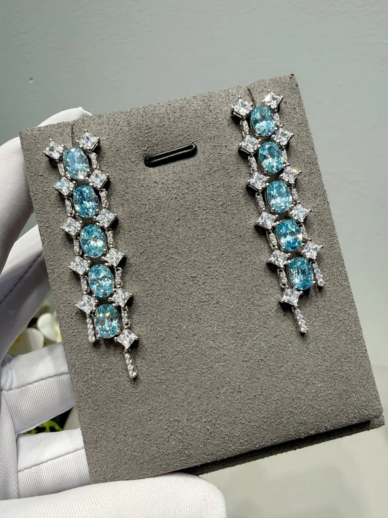 Cascading Oval Blue Gemstone and Clear Stone Drop Earrings 4