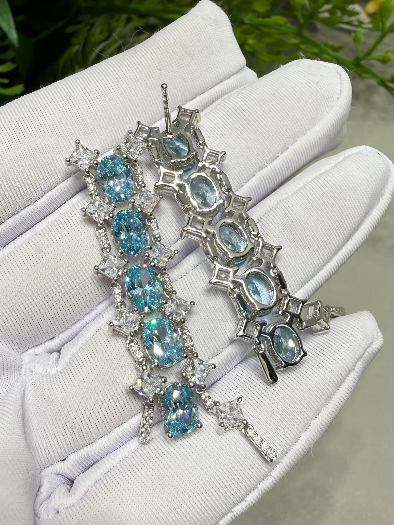 Cascading Oval Blue Gemstone and Clear Stone Drop Earrings 7