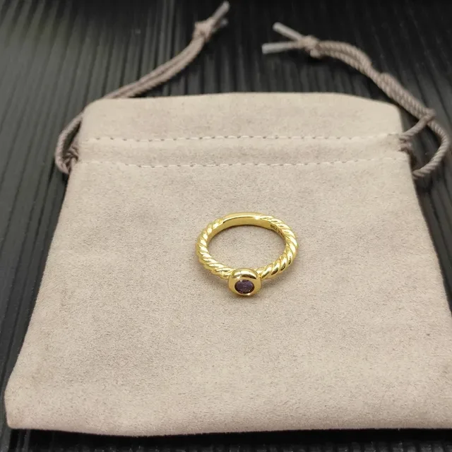 David Yurman Gold Purple Twisted Cable Band Single Bezel-Set Gemstone Ring 7