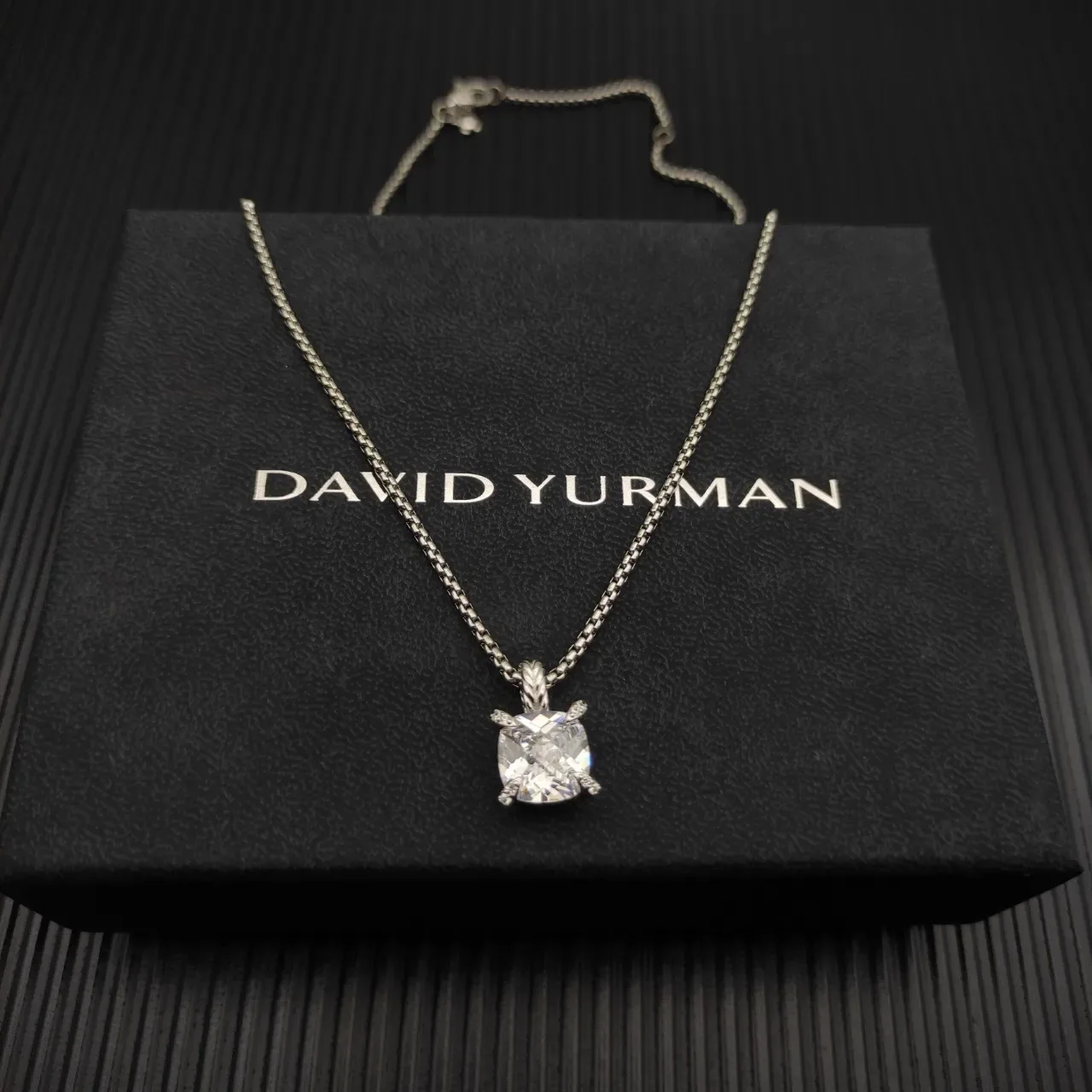 David Yurman Silver Beige Cushion-Cut Stone Four-Prong Setting Necklace 5