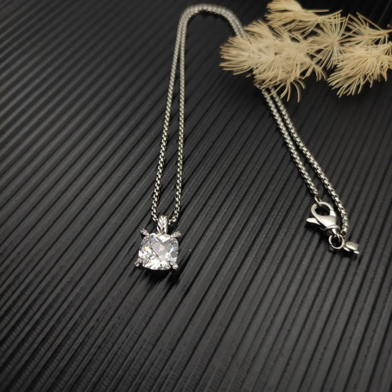 David Yurman Silver Beige Cushion-Cut Stone Four-Prong Setting Necklace 6