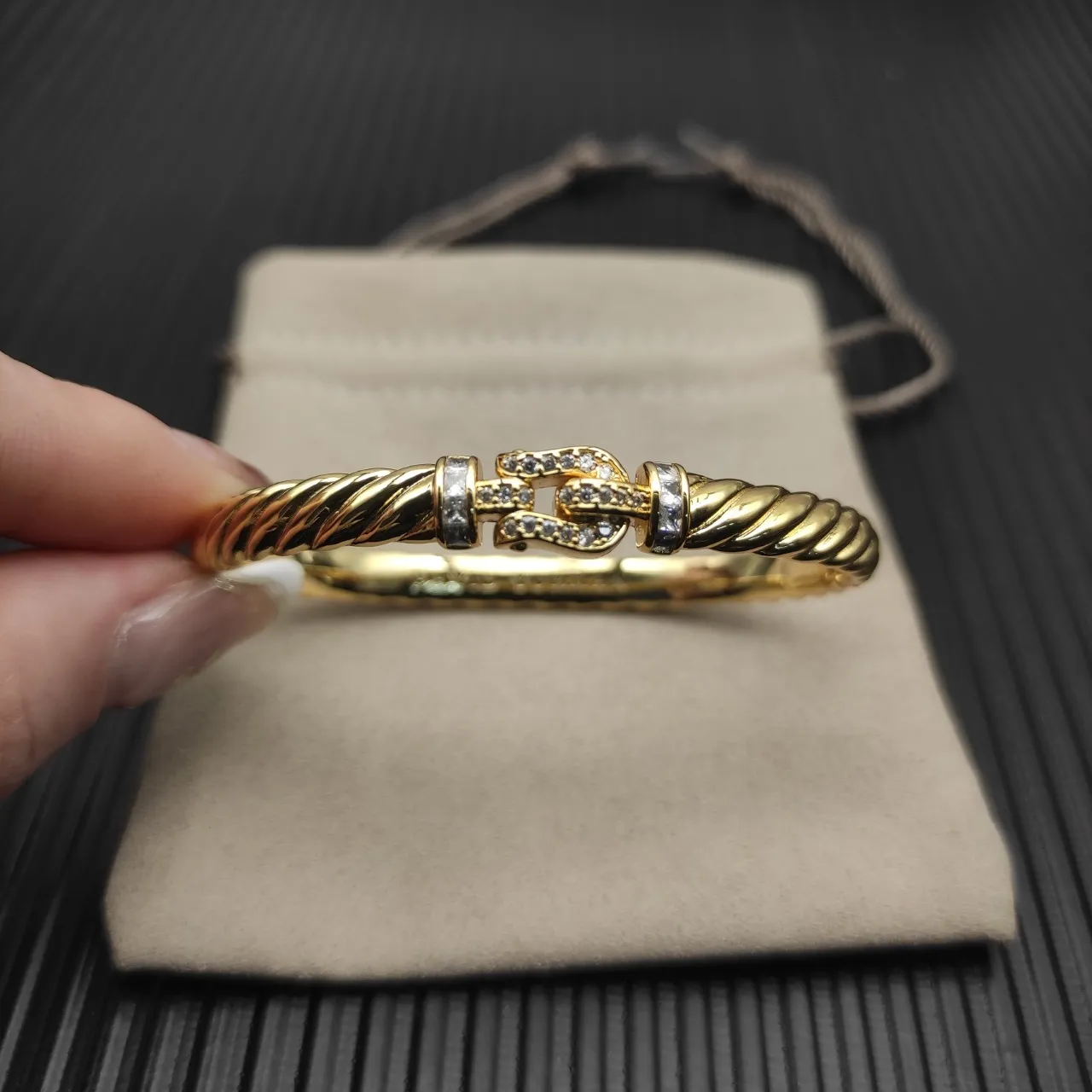 David Yurman Silver White Twisted Cable Pavé Diamond Buckle Bracelet 4