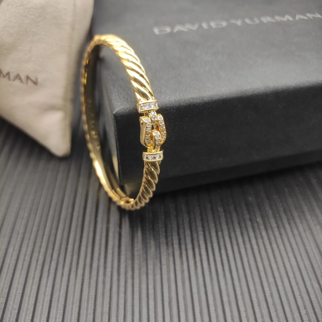 David Yurman Silver White Twisted Cable Pavé Diamond Buckle Bracelet 5