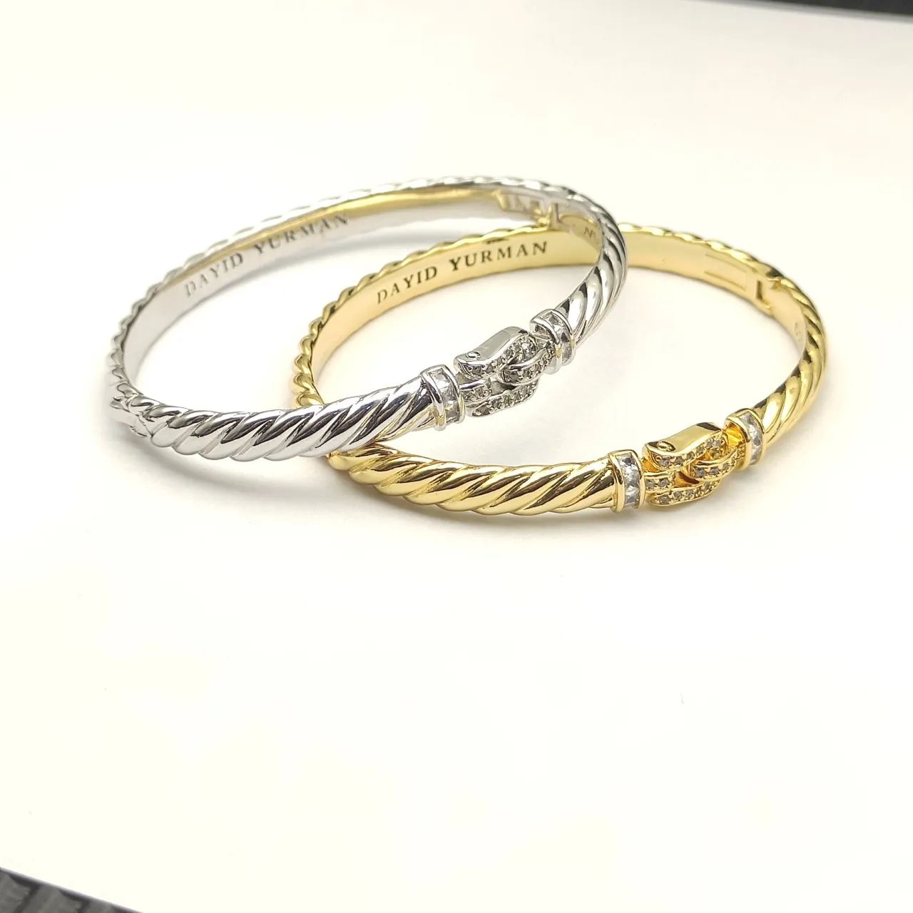 David Yurman Silver White Twisted Cable Pavé Diamond Buckle Bracelet 8
