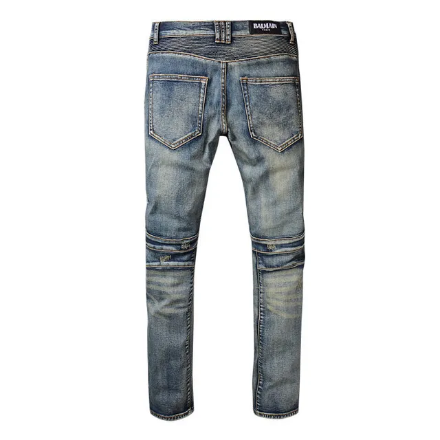 Distressed Moto-Panelled Zip-Pocket Blue Jeans 8