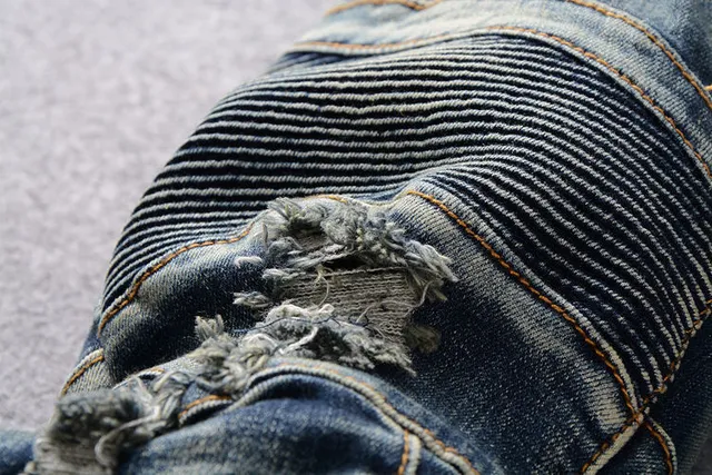Distressed Moto-Panelled Zip-Pocket Blue Jeans 9