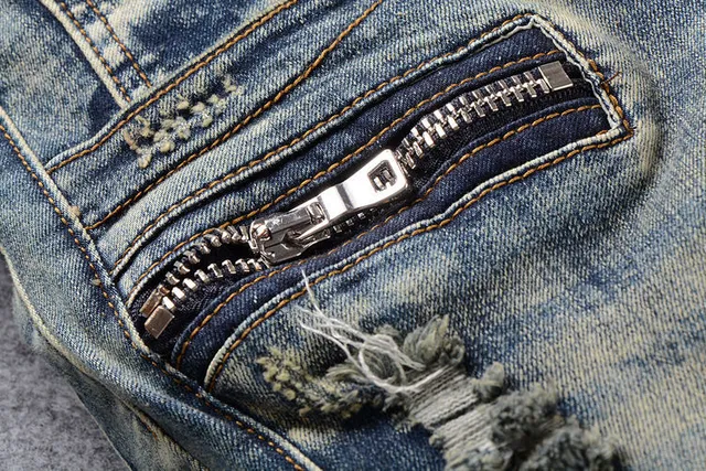 Distressed Moto-Panelled Zip-Pocket Blue Jeans 10