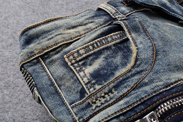 Distressed Moto-Panelled Zip-Pocket Blue Jeans 11