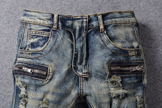 Distressed Moto-Panelled Zip-Pocket Blue Jeans 12