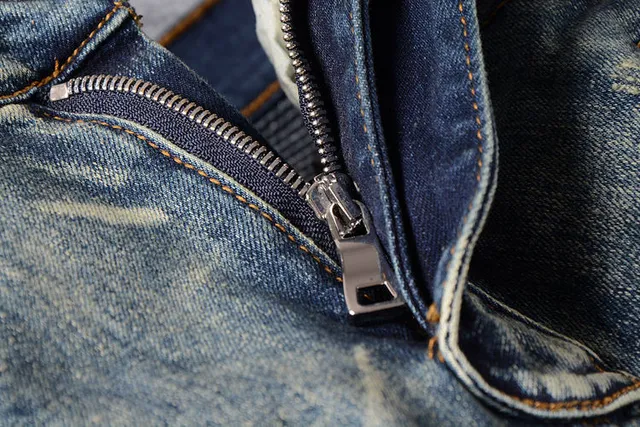 Distressed Moto-Panelled Zip-Pocket Blue Jeans 13