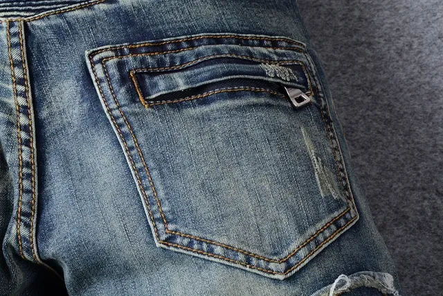 Distressed Patched Moto-Style Blue Denim Jeans 6