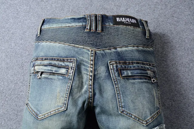 Distressed Patched Moto-Style Blue Denim Jeans 7
