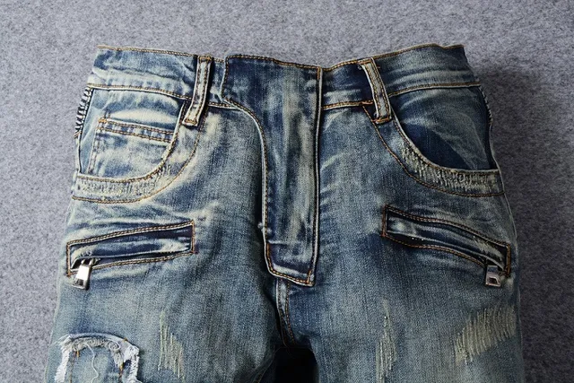 Distressed Patched Moto-Style Blue Denim Jeans 13