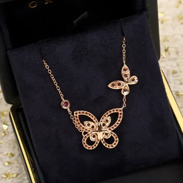 Dual Butterfly Pavé Pink Gemstone Rose-Gold Necklace 4