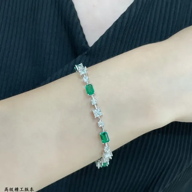 Emerald-Cut Green and Clear Stone Linear Link Bracelet 7