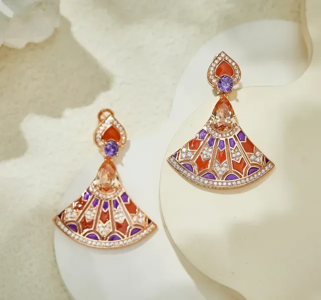 Fan-Shaped Enamel and Gemstone Drop Earrings 2