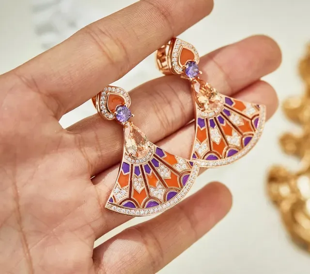 Fan-Shaped Enamel and Gemstone Drop Earrings 4