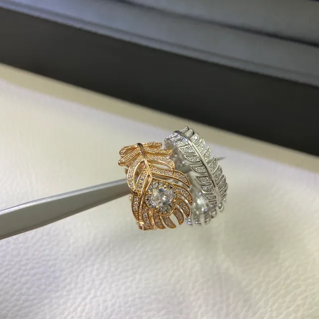 Feather Motif Pavé-Set Ring Gold Silver Ring 2