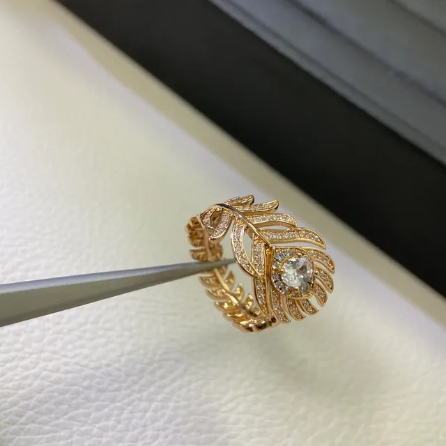 Feather Motif Pavé-Set Ring Gold Silver Ring 4