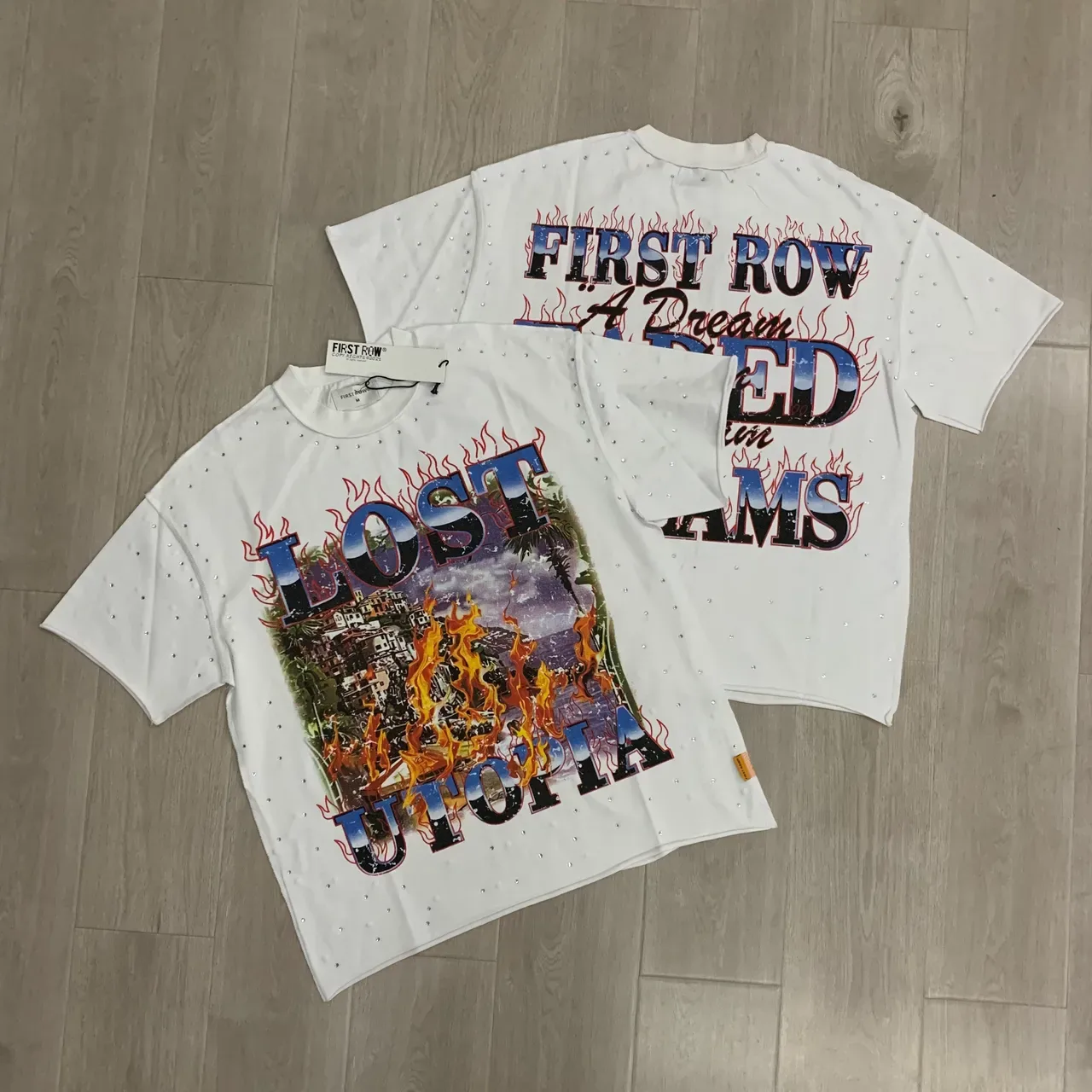 FIRST ROW Lost Utopia Graphic Print Rhinestone-Studded Oversized T-Shirt 4