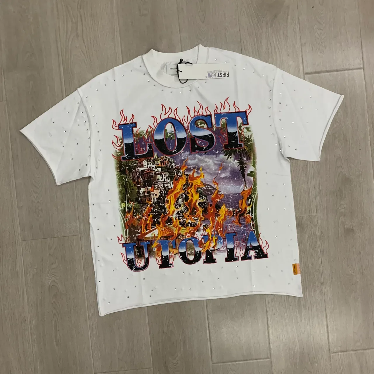 FIRST ROW Lost Utopia Graphic Print Rhinestone-Studded Oversized T-Shirt 5