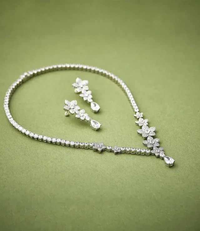 Floral Motif Pavé-Set Teardrop Pendant Necklace 6