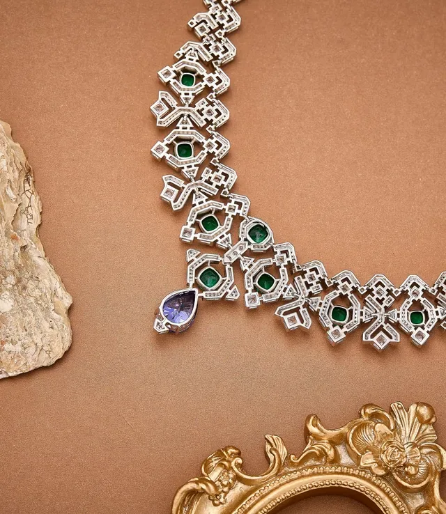 Geometric Lattice Emerald and Tanzanite Pendant Necklace 2