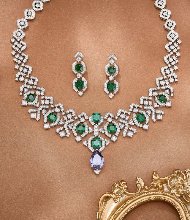 Geometric Lattice Emerald and Tanzanite Pendant Necklace 3