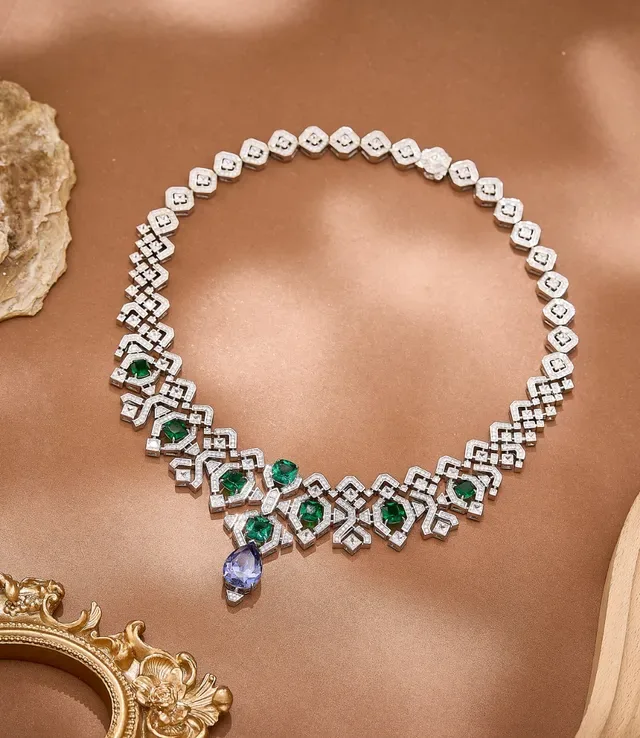 Geometric Lattice Emerald and Tanzanite Pendant Necklace 6