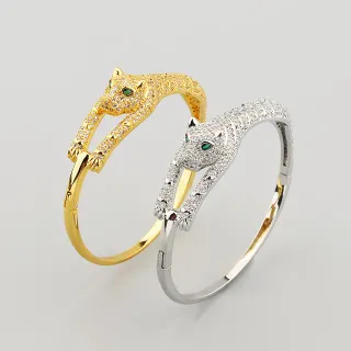 ذهبي وفضيPanther Head Pavé Crystal Hinged Bangle Bracelets