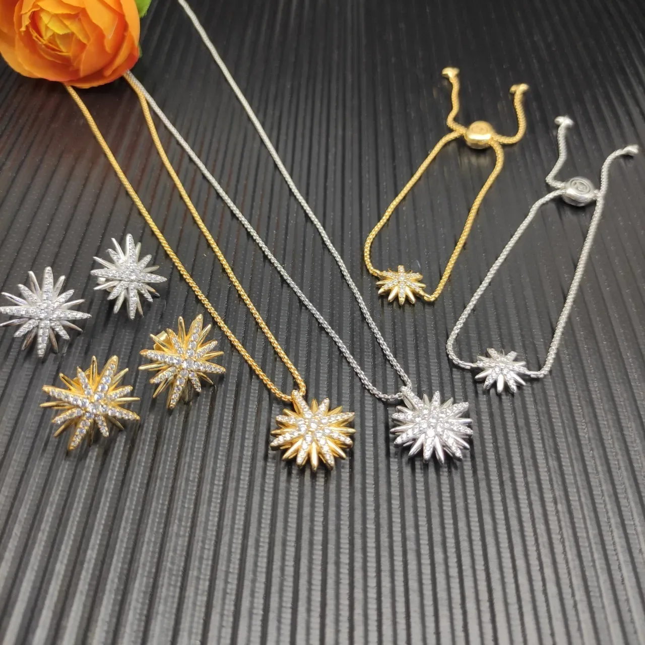 Gold and Silver Starburst Pavé Pendant Necklaces 4