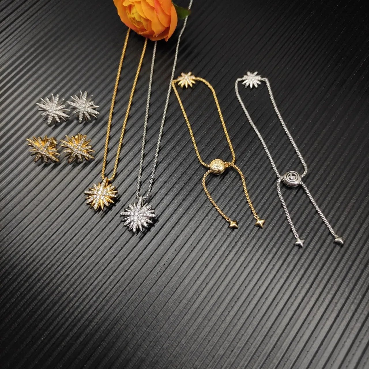 Gold and Silver Starburst Pavé Pendant Necklaces 5
